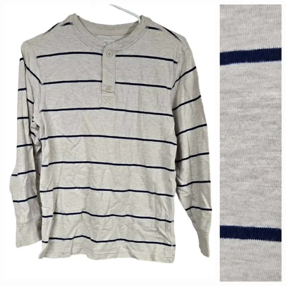 GAP Kids XL/12 Boys Oatmeal Stripe Long Sleeve Henley T-Shirt Casual Cotton Tee